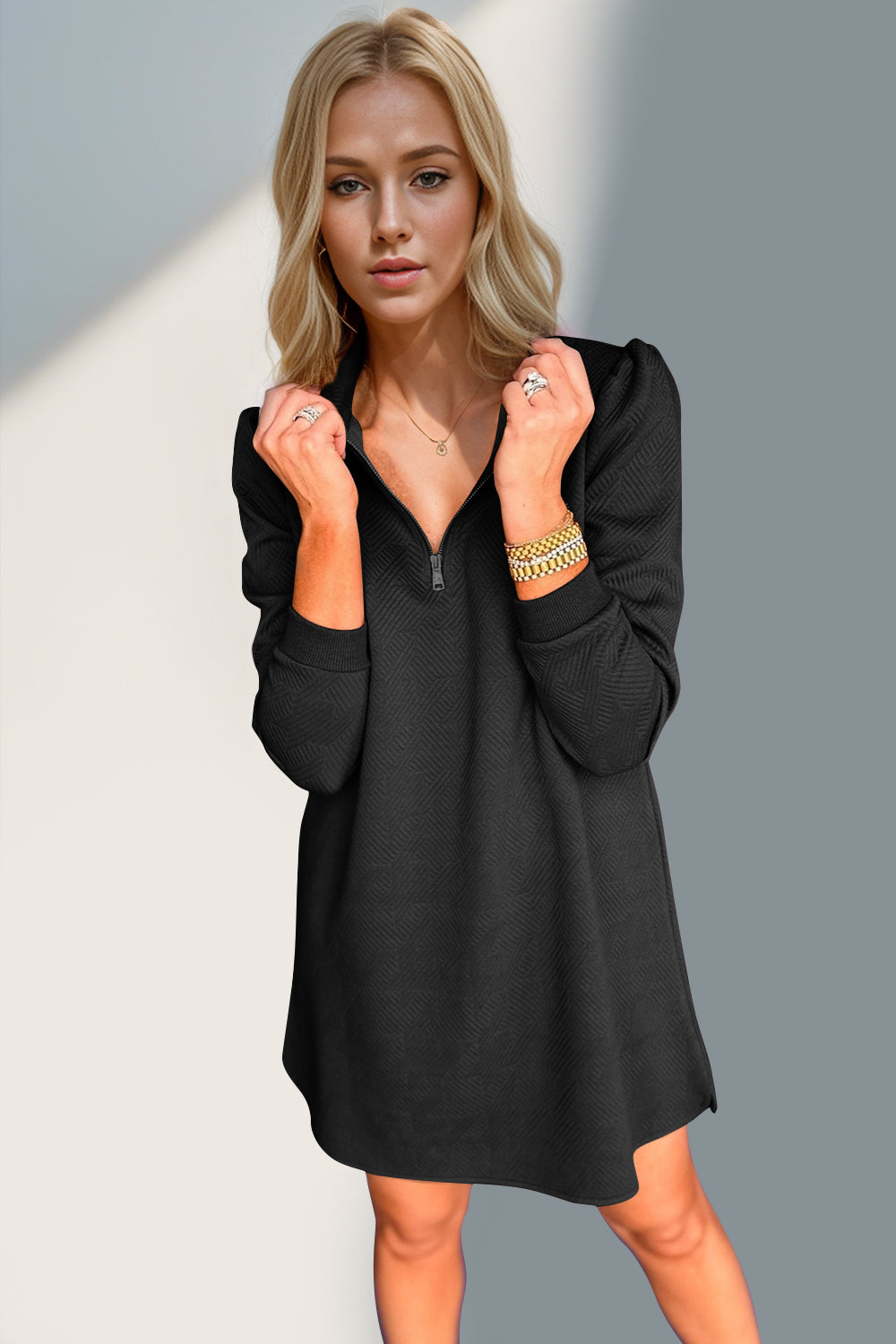 Double Take Quarter Zip Long Sleeve Dress