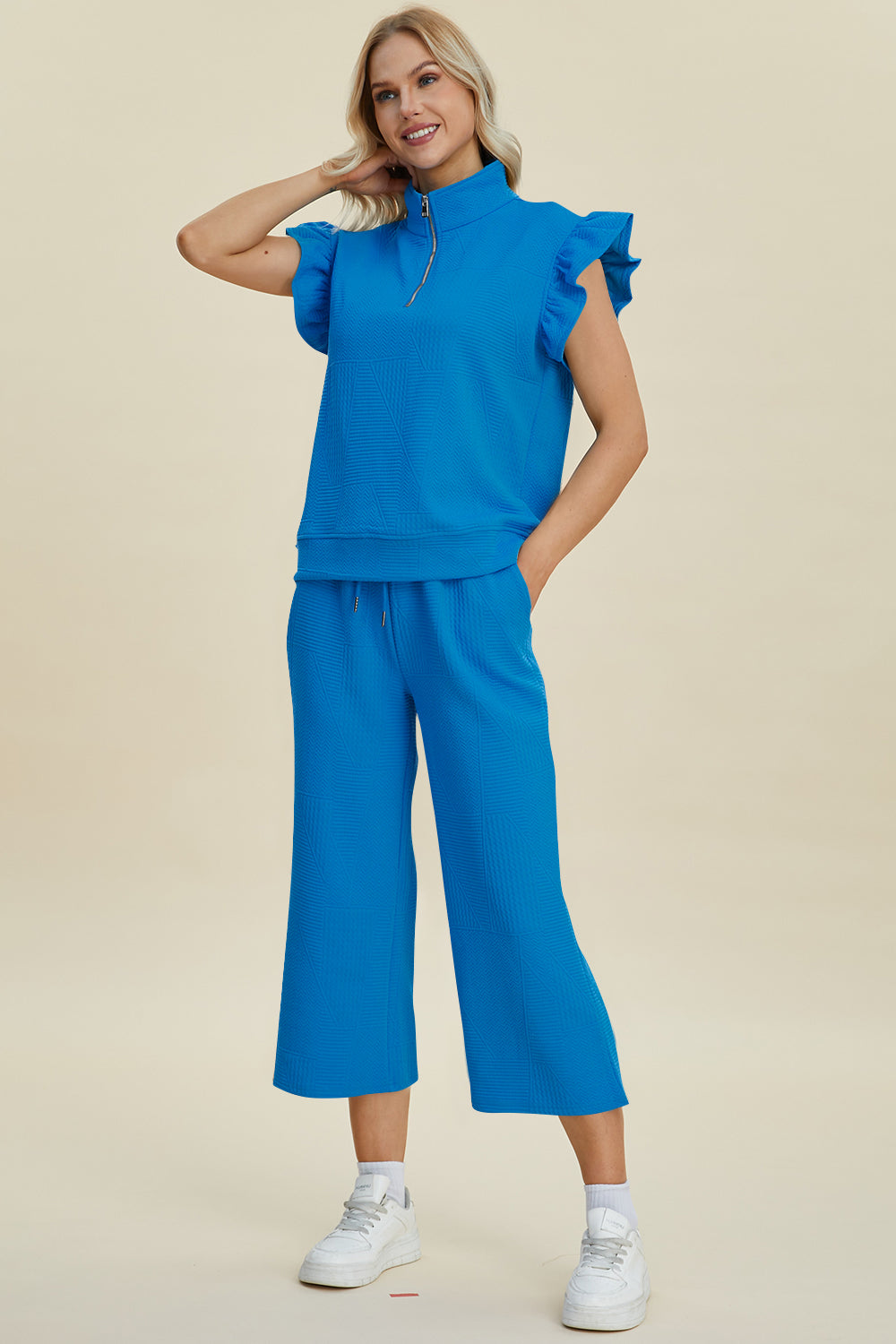 Diana Full Size Texture Ruffle Short Sleeve Top and Wide Leg Pants Set