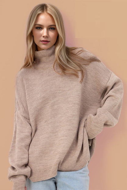 Basic Side Slit Turtleneck Long Sleeve Sweater