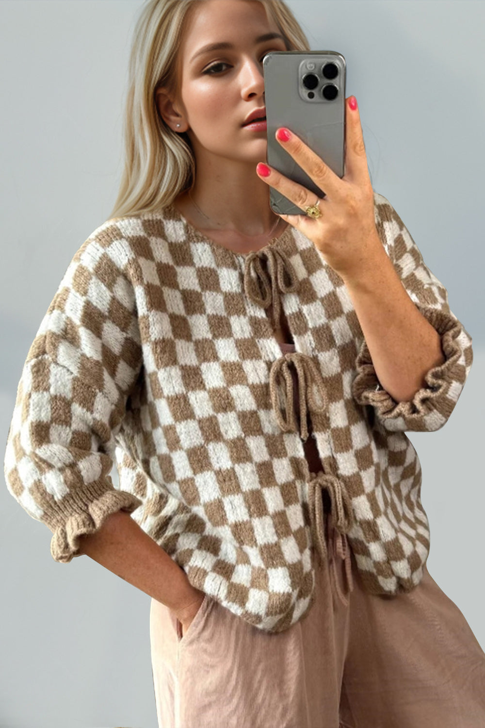 Pink Checkered Flounce Sleeve Cardigan