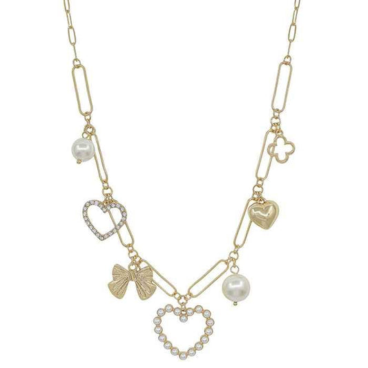 RESTOCK* Gold Pearl Heart, Bow, and Pearl Multi Charm Necklace