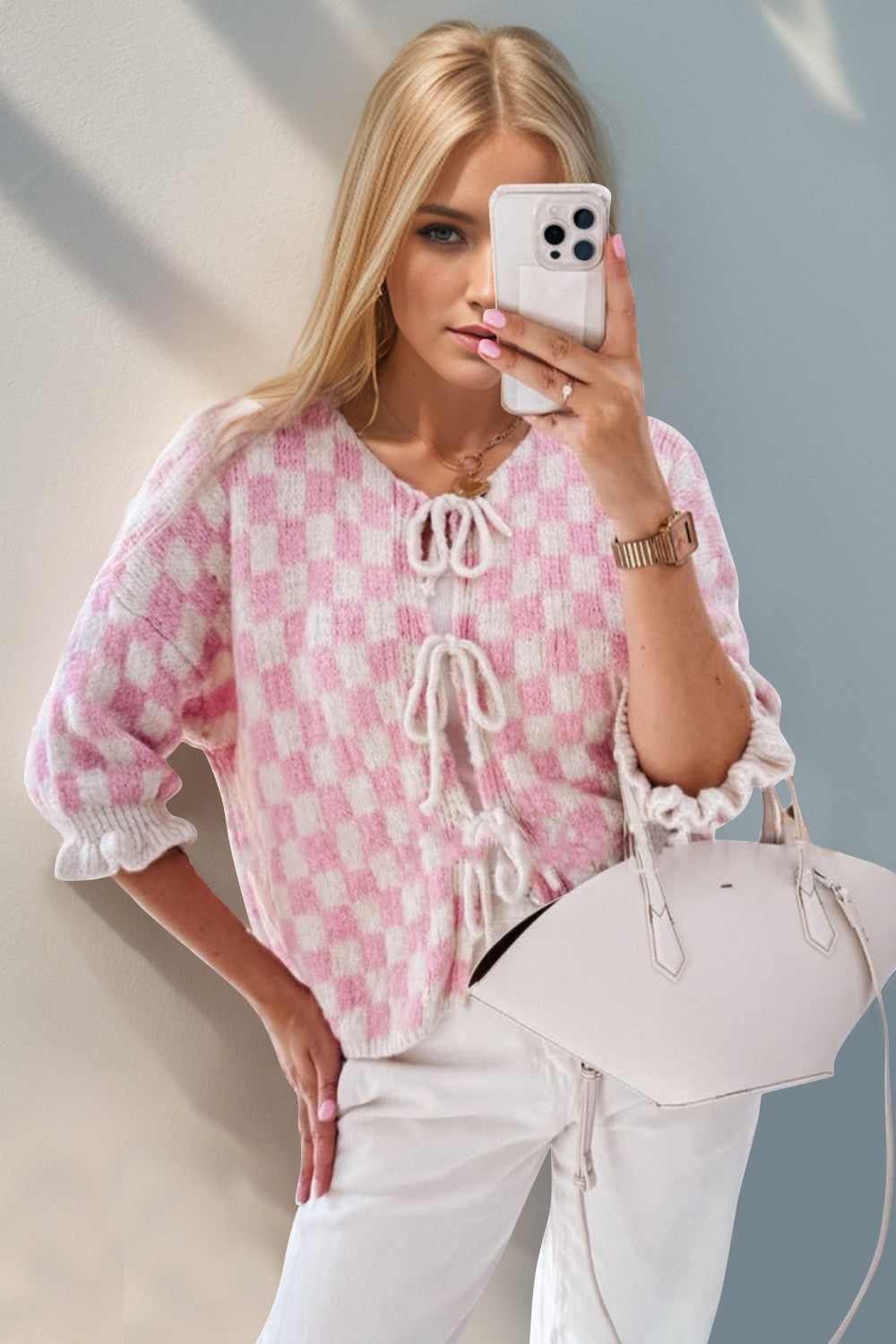 Pink Checkered Flounce Sleeve Cardigan