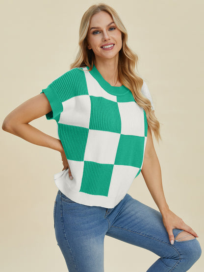 Darla Checkered Round Neck Short Sleeve Sweater