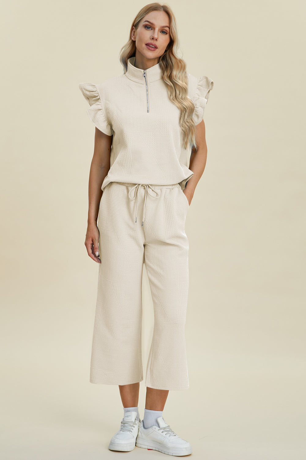 Diana Full Size Texture Ruffle Short Sleeve Top and Wide Leg Pants Set