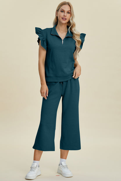 Diana Full Size Texture Ruffle Short Sleeve Top and Wide Leg Pants Set