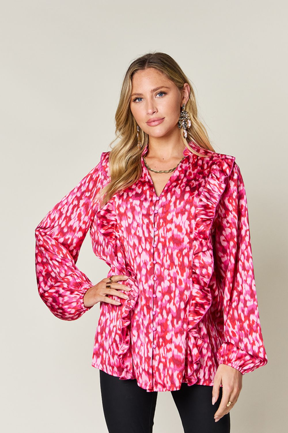 Falling Short Printed Ruffle Trim Balloon Sleeve Shirt