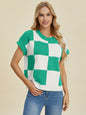 Darla Checkered Round Neck Short Sleeve Sweater