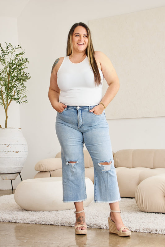 Rylee Tummy Control High Waist Raw Hem Distressed Jeans