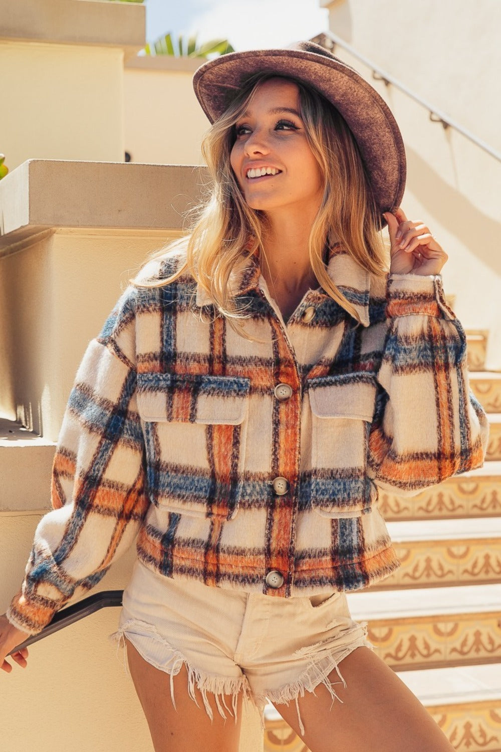 Plaid Brushed Plaid Crop Jacket