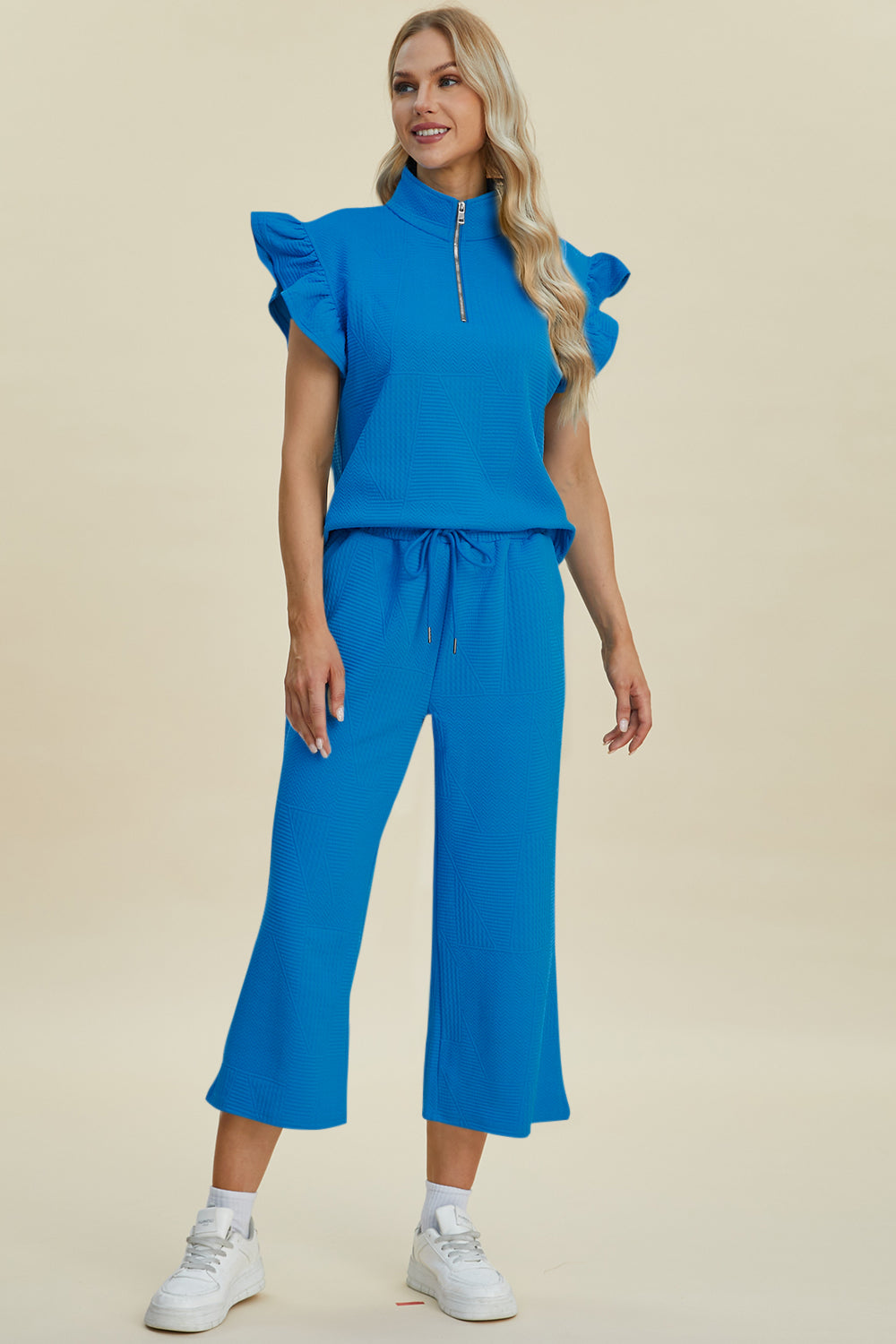 Diana Full Size Texture Ruffle Short Sleeve Top and Wide Leg Pants Set