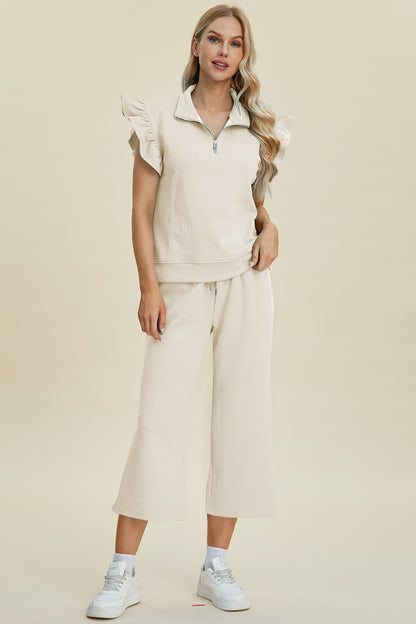 Diana Full Size Texture Ruffle Short Sleeve Top and Wide Leg Pants Set