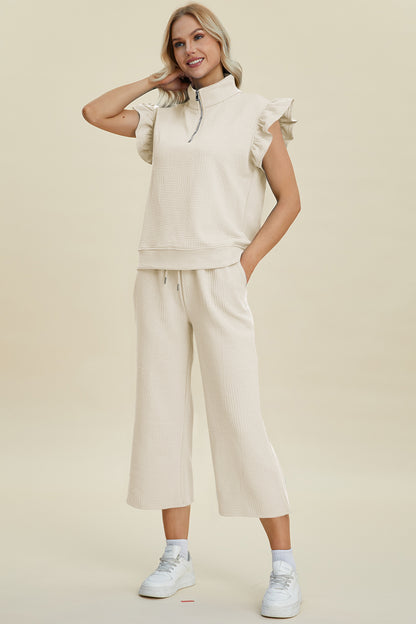 Diana Full Size Texture Ruffle Short Sleeve Top and Wide Leg Pants Set