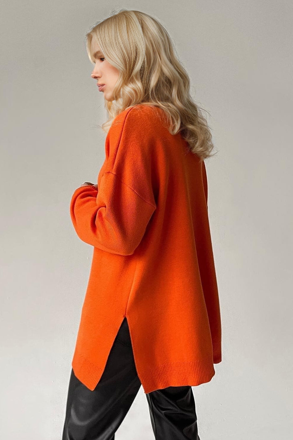 Basic Side Slit Turtleneck Dropped Shoulder Sweater