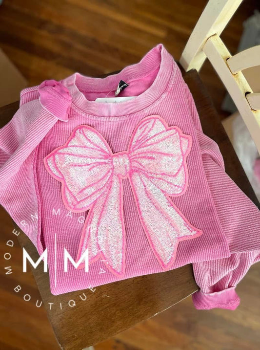 Pink Coquette Bow Cord Crewneck