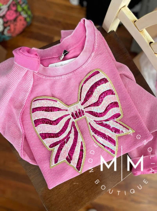 Bubblegum Striped Bow Cord Crewneck