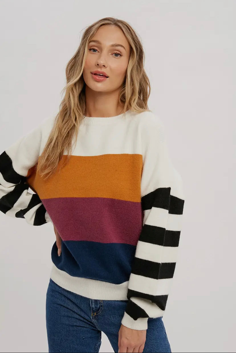 Madeline Striped Pullover Sweater- Pumpkin/Navy