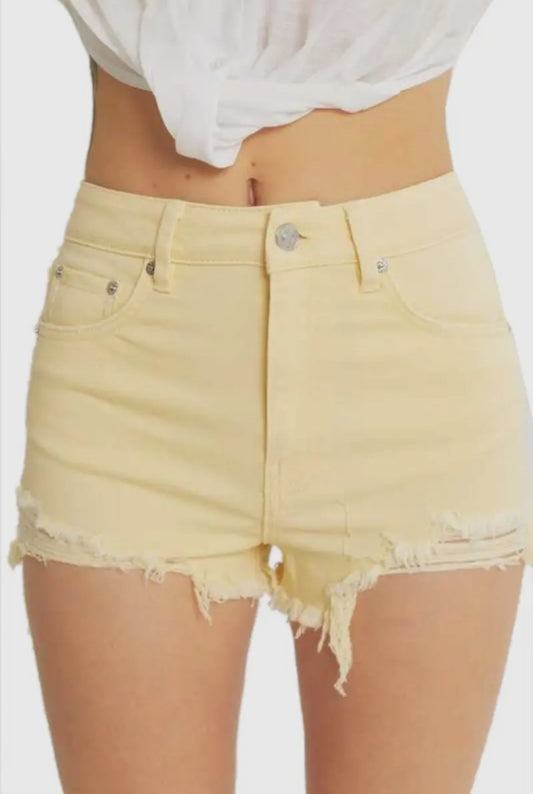 High Rise Distressed Fray Shorts- Yellow