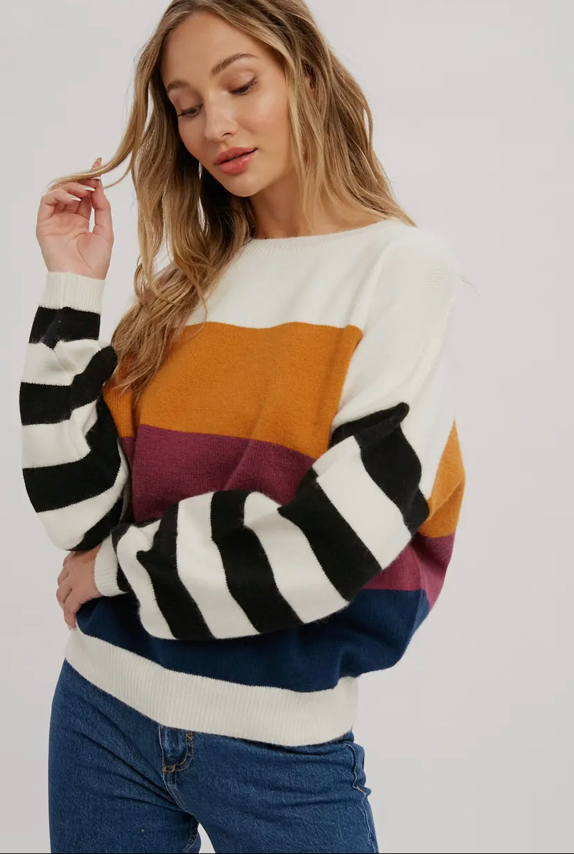 Madeline Striped Pullover Sweater- Pumpkin/Navy