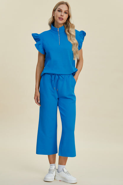 Diana Full Size Texture Ruffle Short Sleeve Top and Wide Leg Pants Set