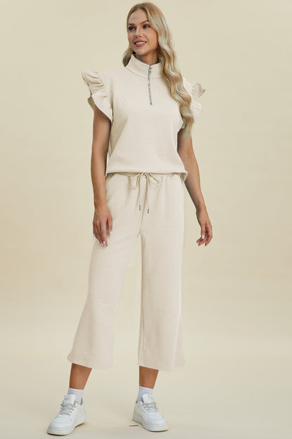 Diana Full Size Texture Ruffle Short Sleeve Top and Wide Leg Pants Set