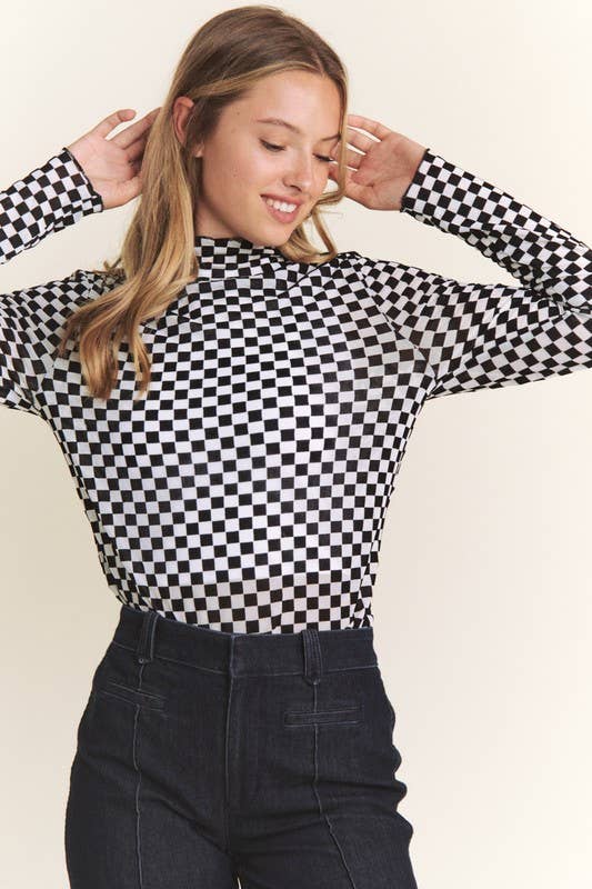 LONG SLEEVE CHECKERED MESH MOCK NECK TOP