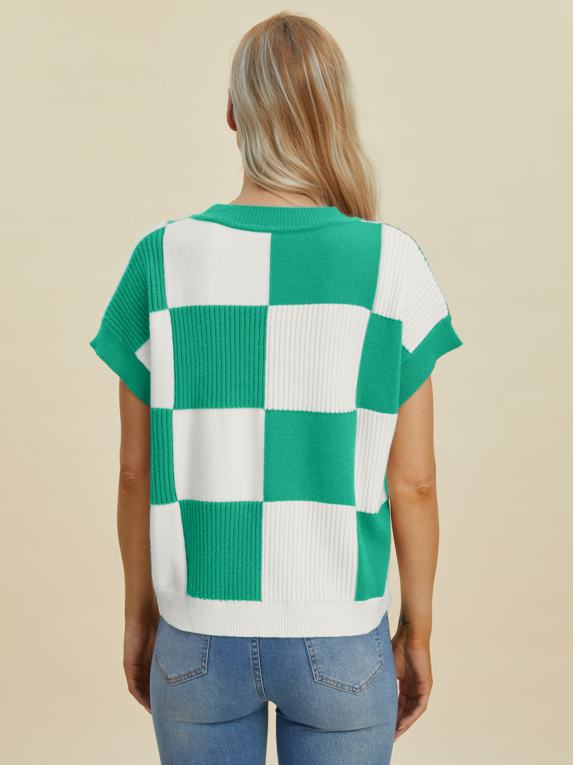 Darla Checkered Round Neck Short Sleeve Sweater