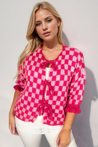 Pink Checkered Flounce Sleeve Cardigan