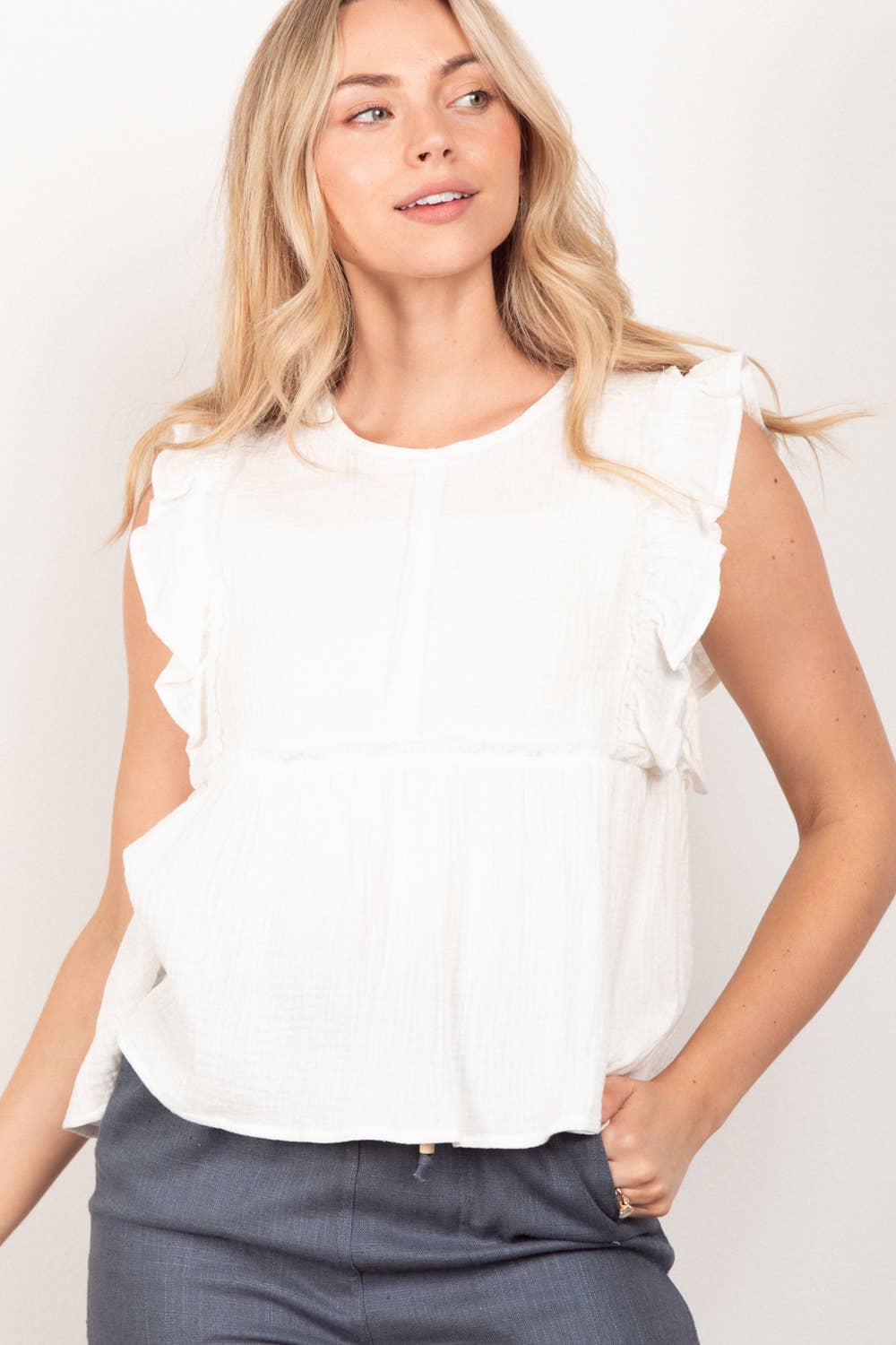 Ruffle Sleeve Babydoll Gauze Top | White