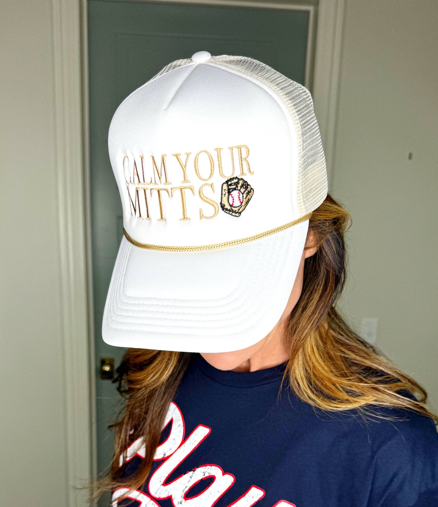 Calm Your Mitts Baseball Trucker Hat | Ivory/Brown Rope