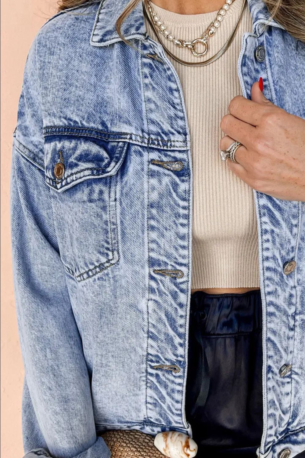 Pocketed Button Up Dropped Shoulder Denim Jacket