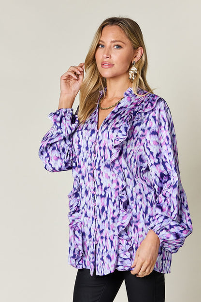 Falling Short Printed Ruffle Trim Balloon Sleeve Shirt