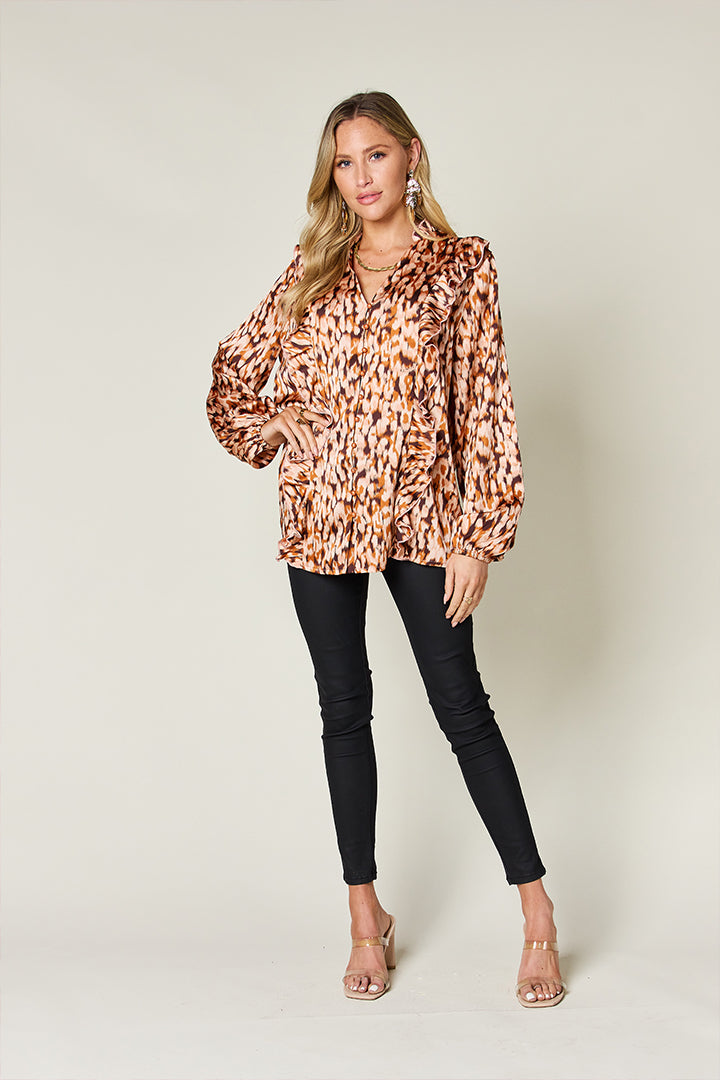 Falling Short Printed Ruffle Trim Balloon Sleeve Shirt