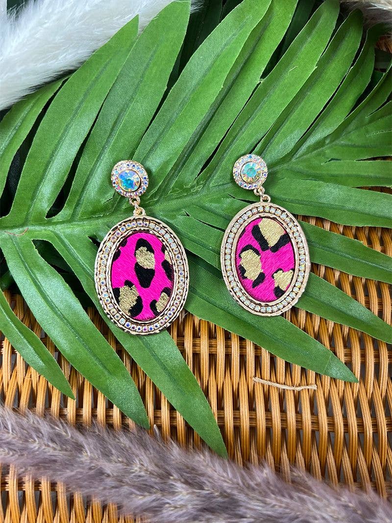 Cowboy Killer Oval Crystal Fuchsia Gold Leopard Earrings: Fuchsia / One Size