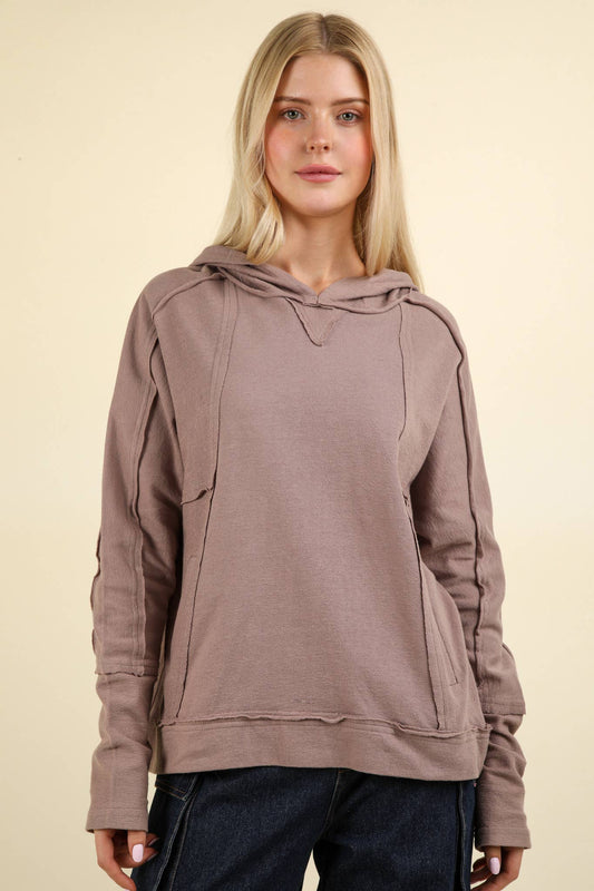 Raw Edge Detail Hoodie Top | MOCHA