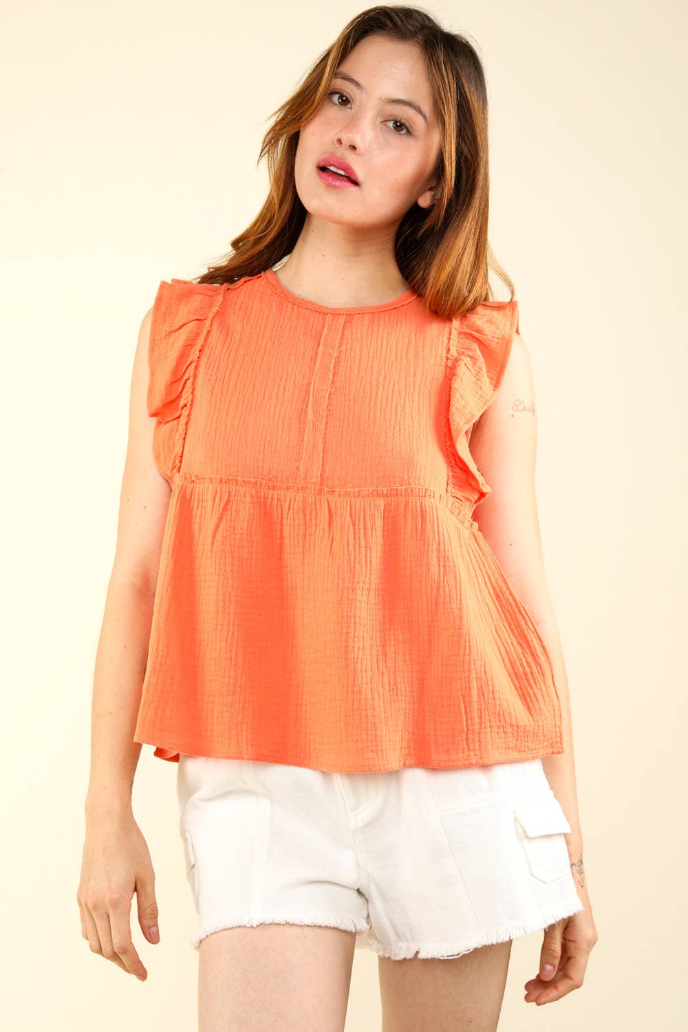 Ruffle Sleeve Babydoll Gauze Top | PAPAYA