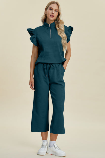 Diana Full Size Texture Ruffle Short Sleeve Top and Wide Leg Pants Set