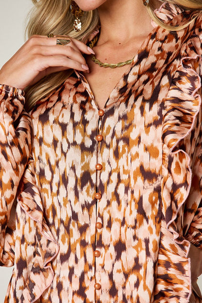 Falling Short Printed Ruffle Trim Balloon Sleeve Shirt