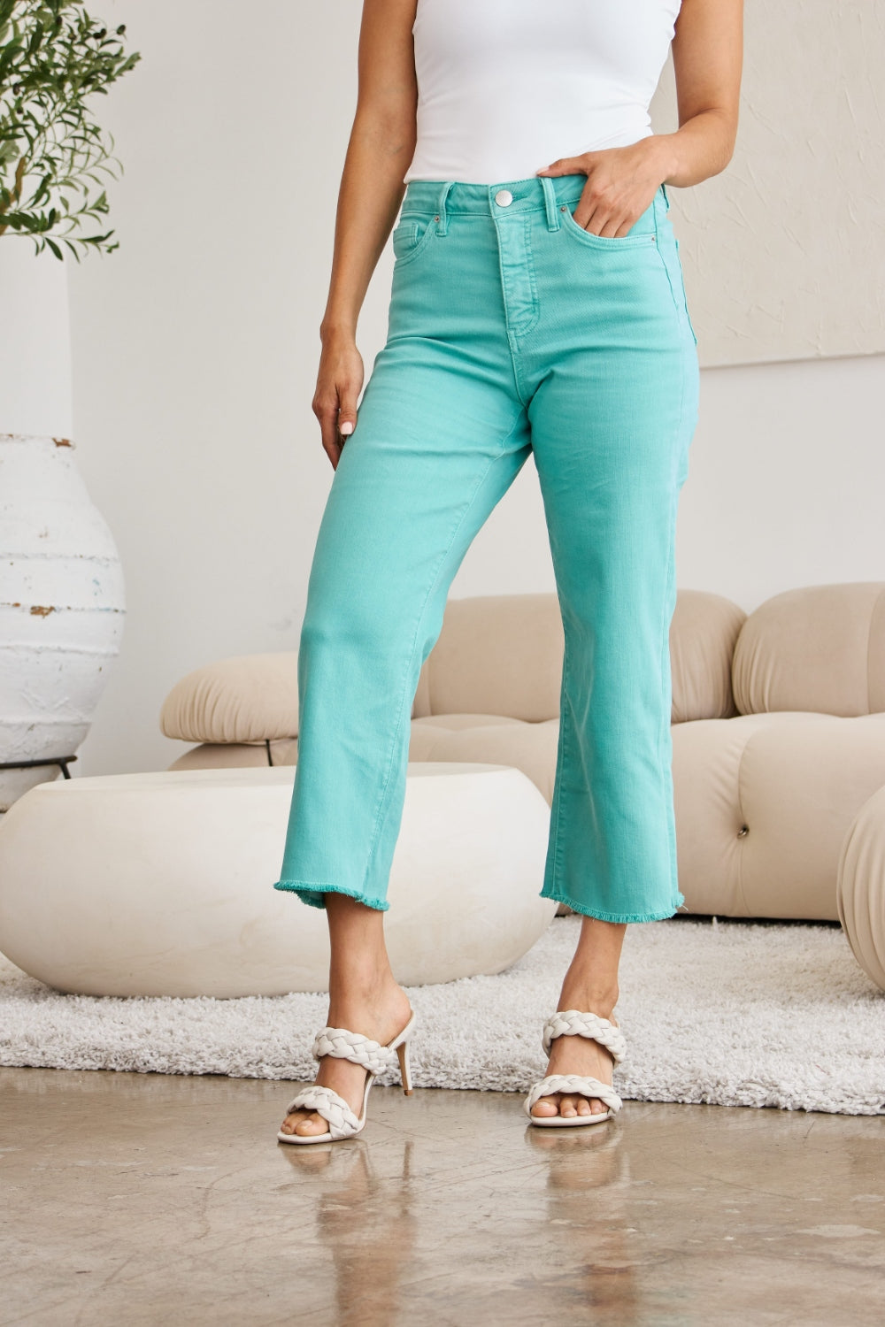 Chloe Crop Tummy Control High Waist Raw Hem Jeans