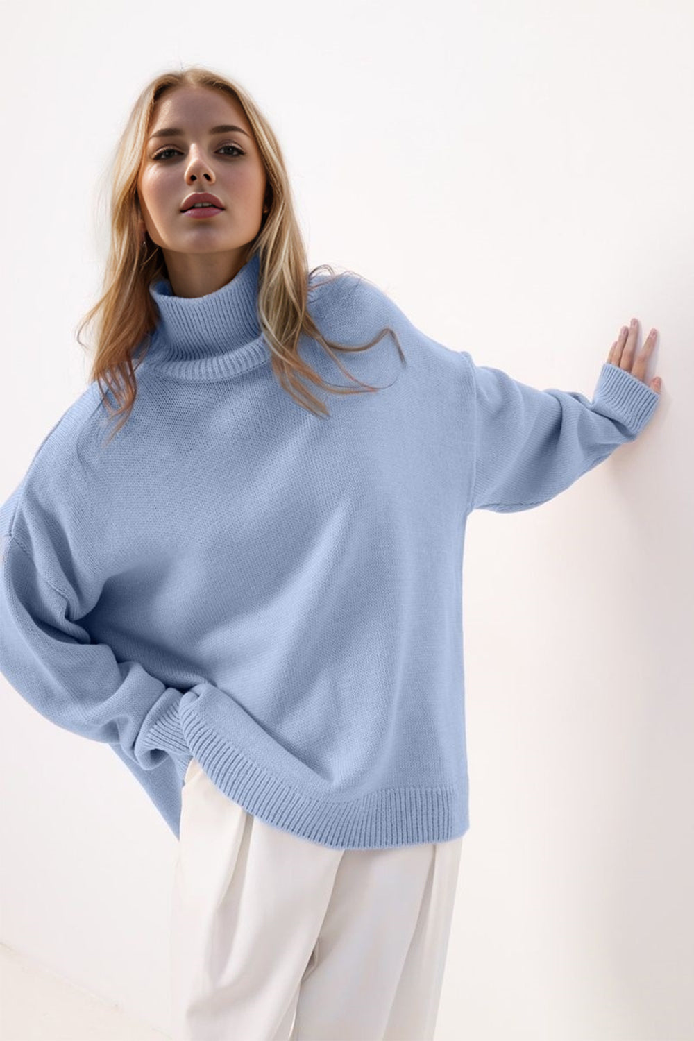 Basic Side Slit Turtleneck Long Sleeve Sweater