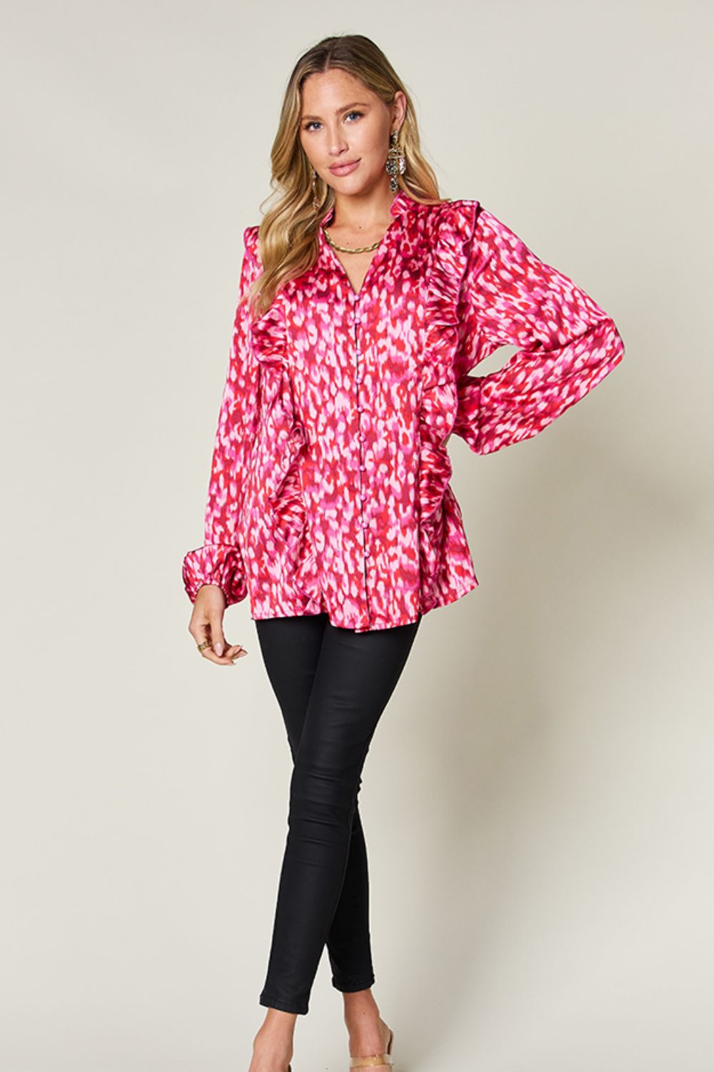 Falling Short Printed Ruffle Trim Balloon Sleeve Shirt