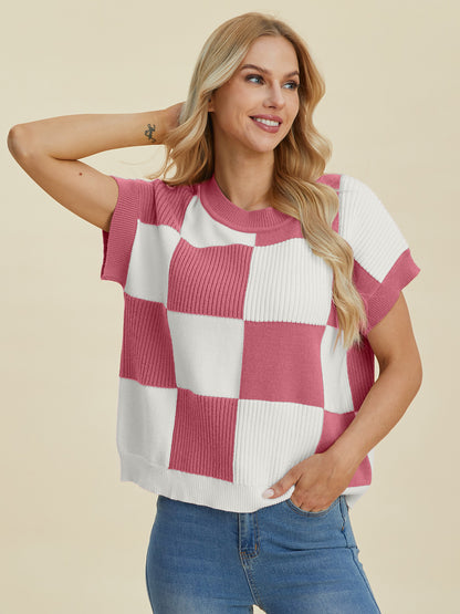 Darla Checkered Round Neck Short Sleeve Sweater