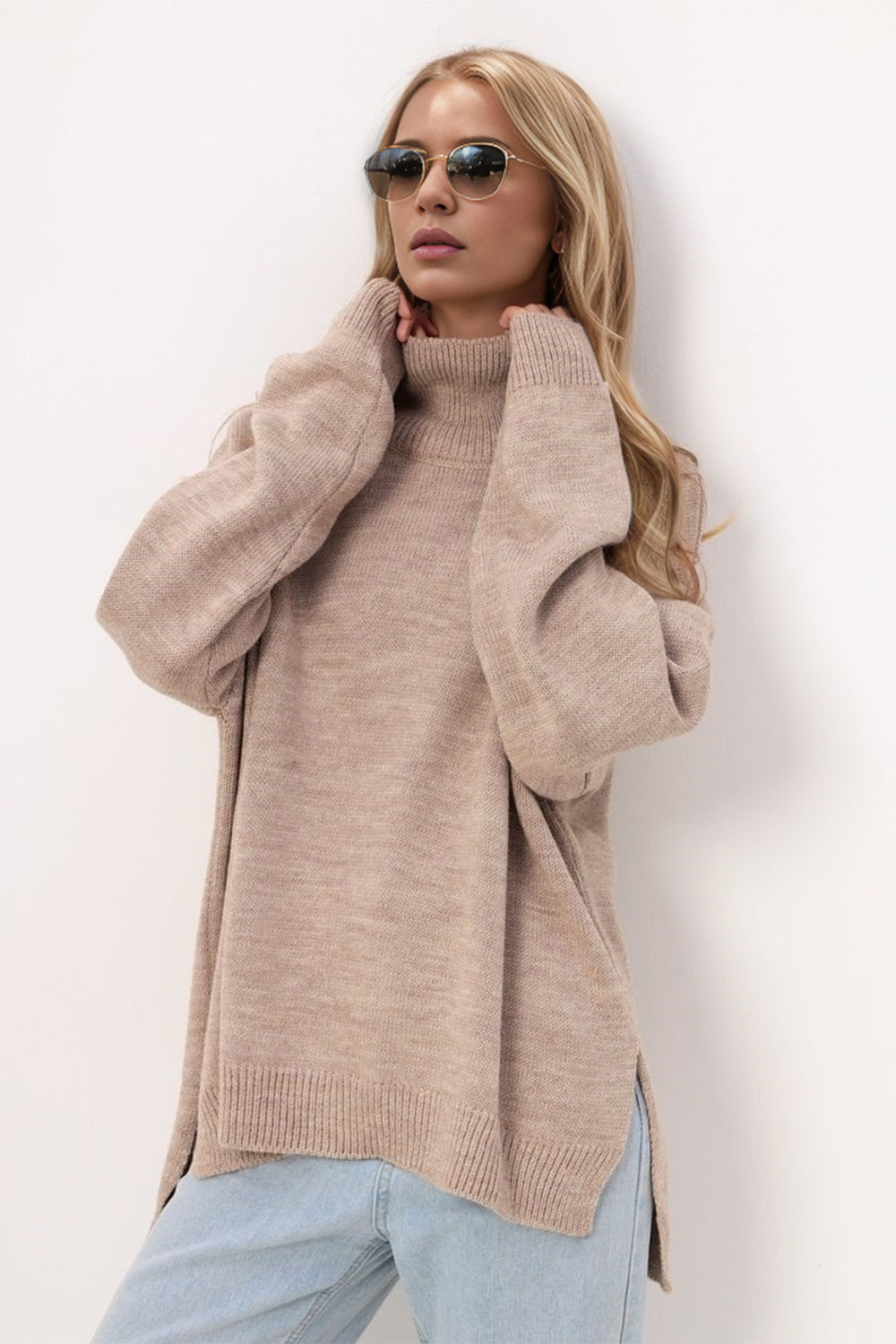 Basic Side Slit Turtleneck Long Sleeve Sweater