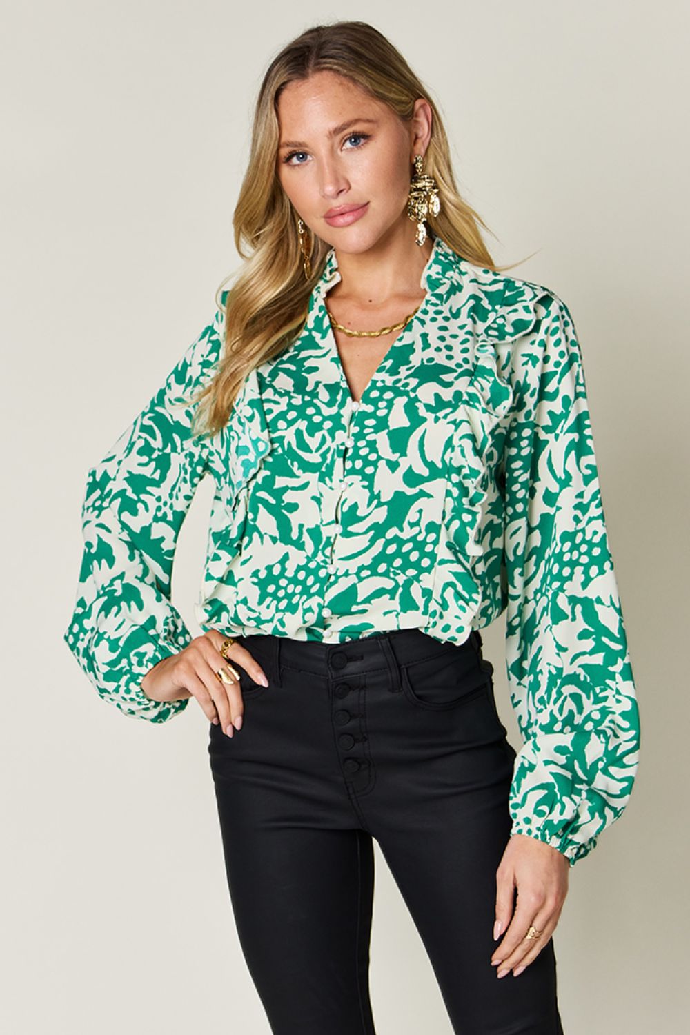 Julie Printed Ruffle Trim Balloon Sleeve Shirt