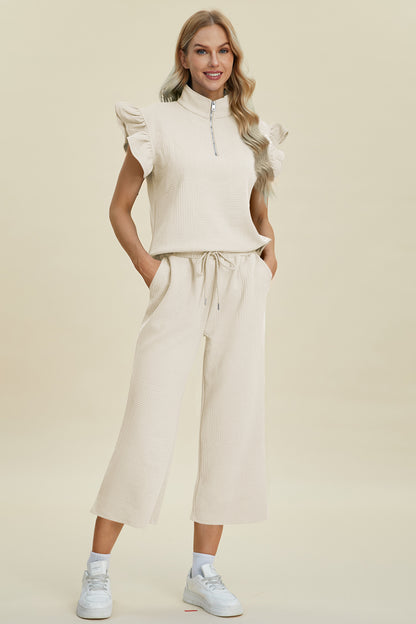 Diana Full Size Texture Ruffle Short Sleeve Top and Wide Leg Pants Set