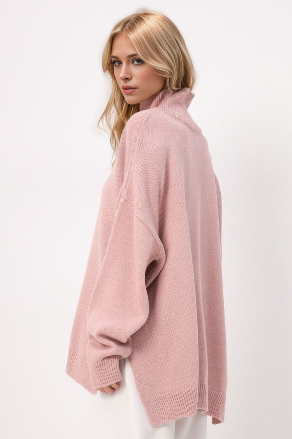 Basic Side Slit Turtleneck Long Sleeve Sweater