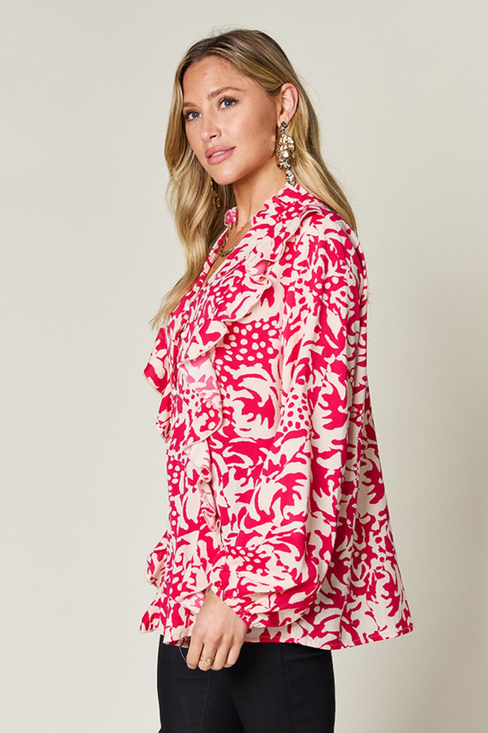 Julie Printed Ruffle Trim Balloon Sleeve Shirt