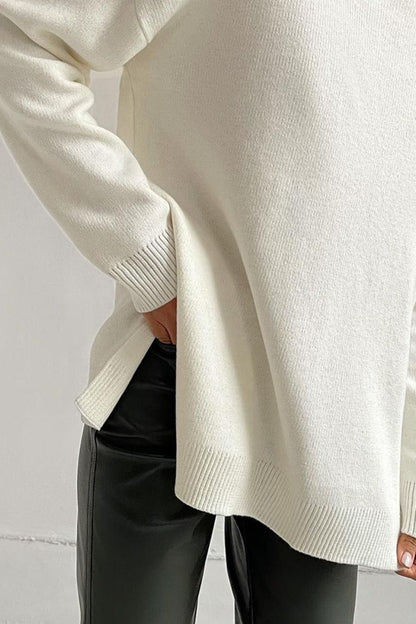 Basic Side Slit Turtleneck Dropped Shoulder Sweater