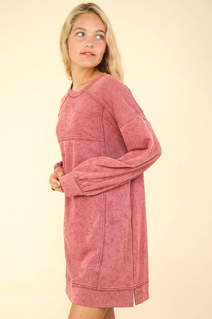 Mineral Washed Oversized Knit Sweatshirt Mini Dress | MAGENTA