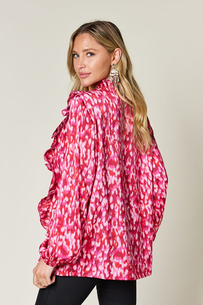 Falling Short Printed Ruffle Trim Balloon Sleeve Shirt