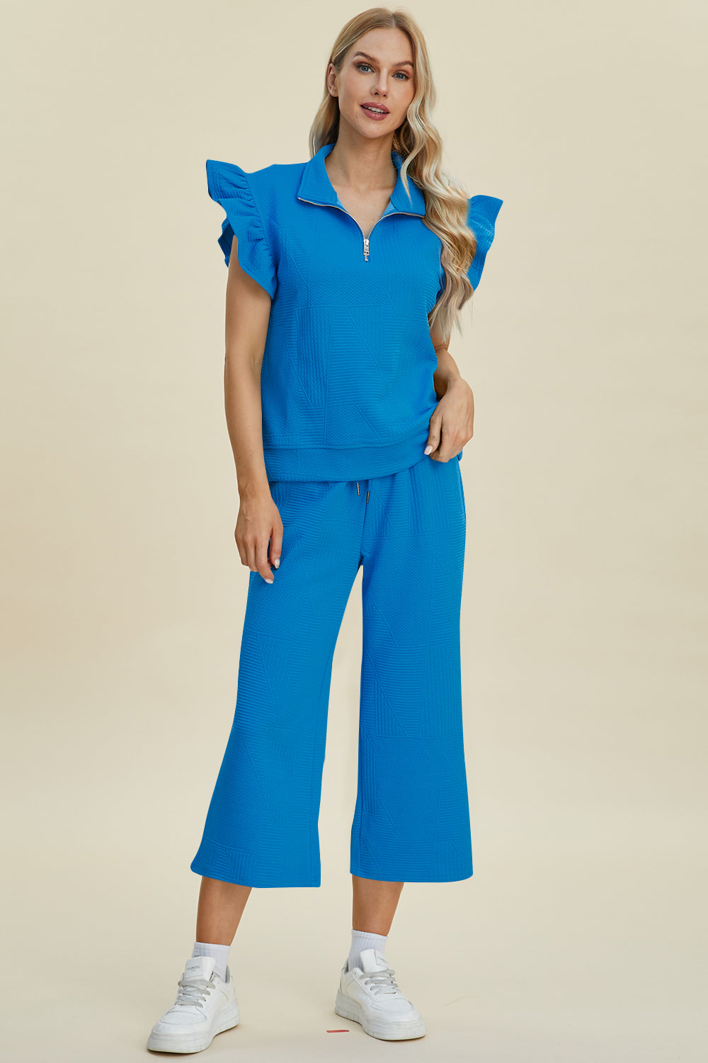 Diana Full Size Texture Ruffle Short Sleeve Top and Wide Leg Pants Set